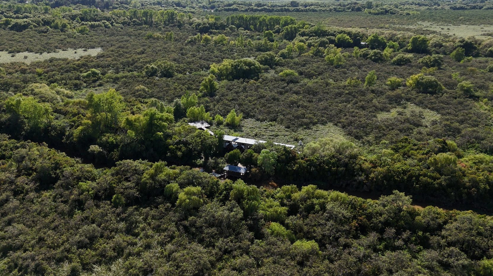 Vista aérea de casas del barrio entre el monte, junto al arroyo