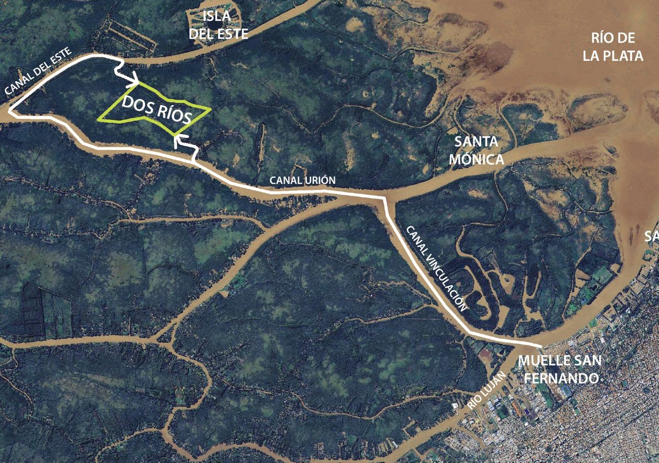 Mapa satelital con el recorrido en lancha desde el muelle de San Fernando hasta Dos Ríos